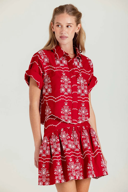 SKY EMBROIDERED COTTON POPLIN SKIRT - MONTAUK RED