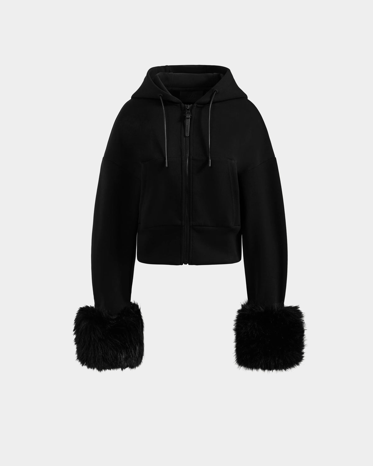 ZILLIA CROP HOODIE WITH REMOVABLE FAUX FUR CUFFS - BLACK