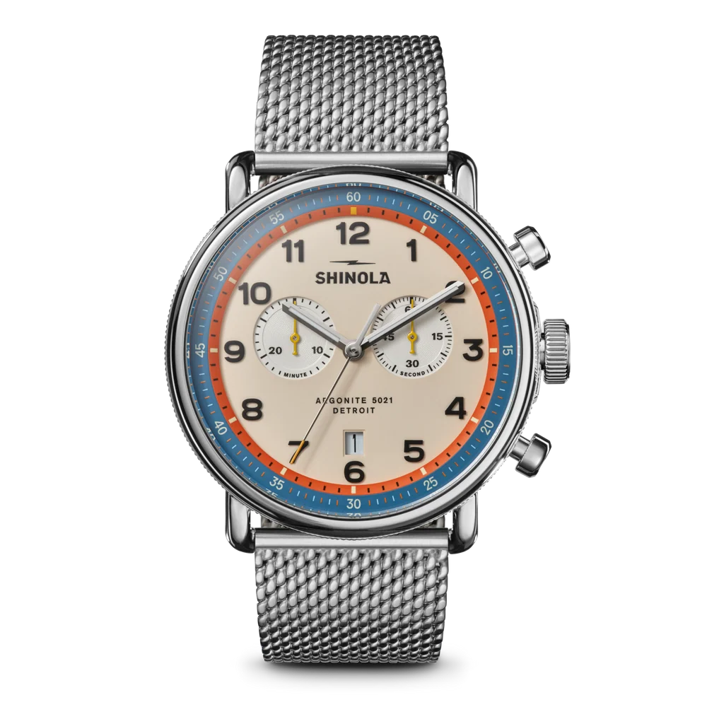 THE CANFIELD 43MM C56 CHRONOGRAPH WATCH WITH CREAM DIAL AND STAINLESS STEEL MESH BRACELET