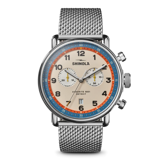 THE CANFIELD 43MM C56 CHRONOGRAPH WATCH WITH CREAM DIAL AND STAINLESS STEEL MESH BRACELET