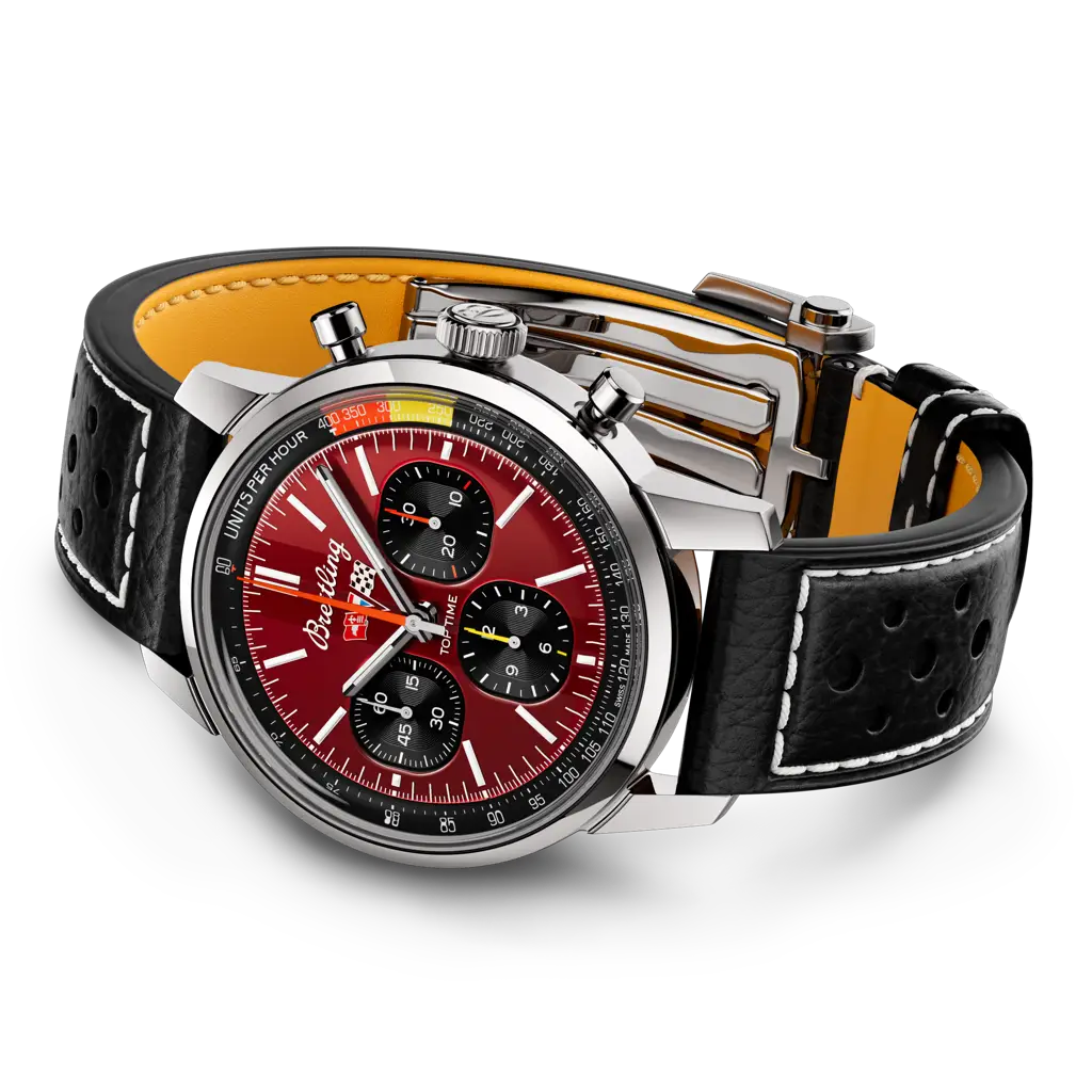 TOP TIME B01 CHEVROLET CORVETTE STAINLESS STEEL WATCH WITH RED FACE AND BLACK RACING-THEMED CALFSKIN LEATHER STRAP