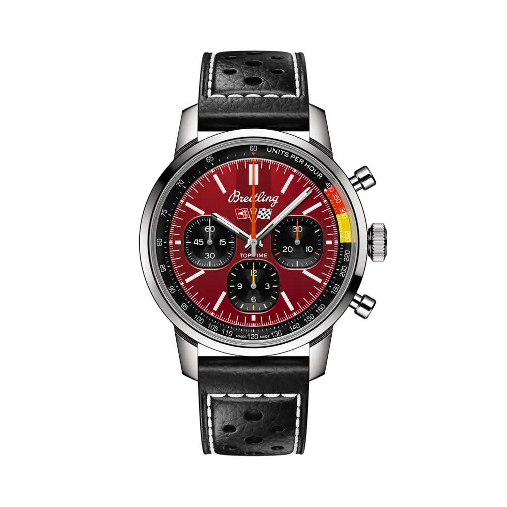 TOP TIME B01 CHEVROLET CORVETTE STAINLESS STEEL WATCH WITH RED FACE AND BLACK RACING-THEMED CALFSKIN LEATHER STRAP
