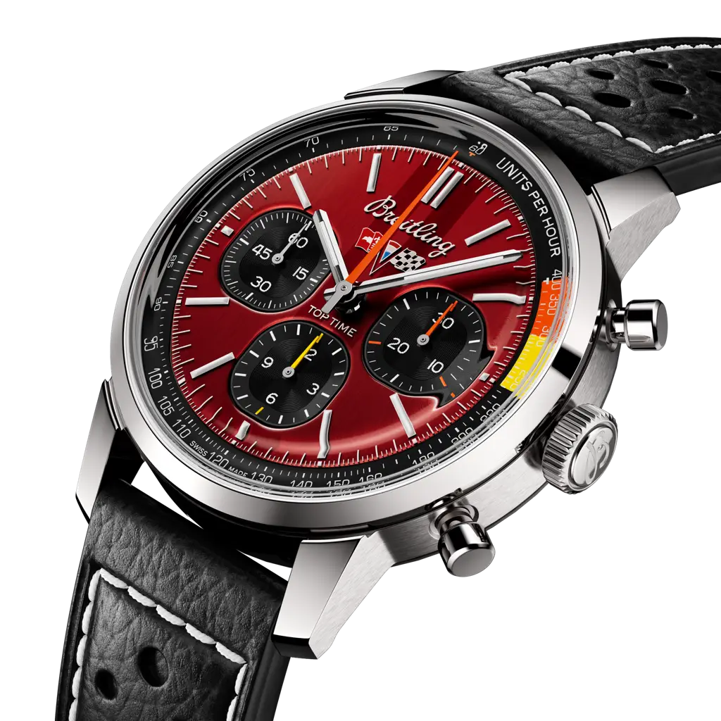 TOP TIME B01 CHEVROLET CORVETTE STAINLESS STEEL WATCH WITH RED FACE AND BLACK RACING-THEMED CALFSKIN LEATHER STRAP