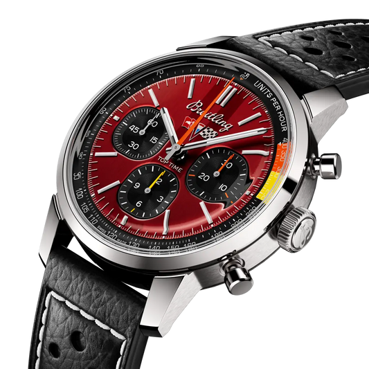 TOP TIME B01 CHEVROLET CORVETTE STAINLESS STEEL WATCH WITH RED FACE AND BLACK RACING-THEMED CALFSKIN LEATHER STRAP