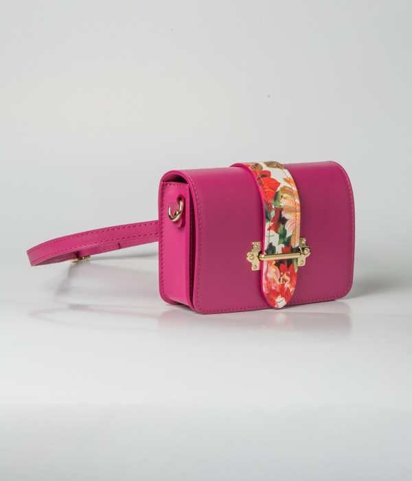 ATENA FLORAL PRINT DETAIL LEATHER MINI BAG - FUCHSIA