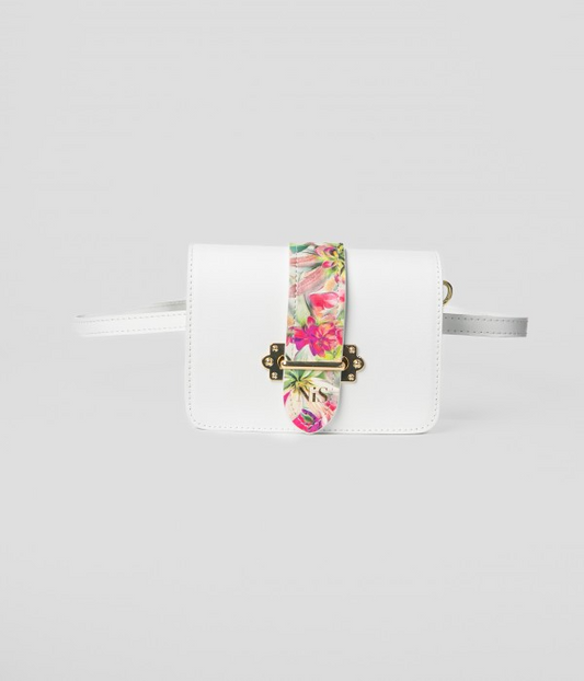 ATENA FLORAL PRINT DETAIL LEATHER MINI BAG - WHITE/FUCHSIA