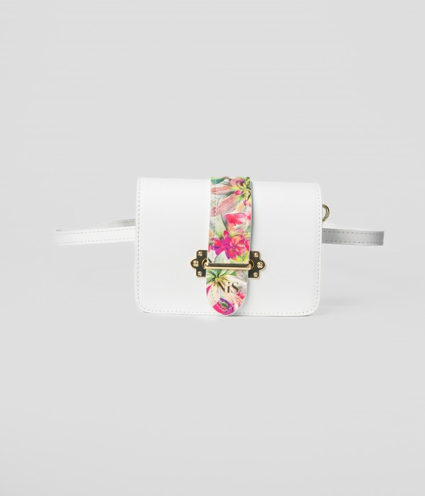 ATENA FLORAL PRINT DETAIL LEATHER MINI BAG - WHITE/FUCHSIA