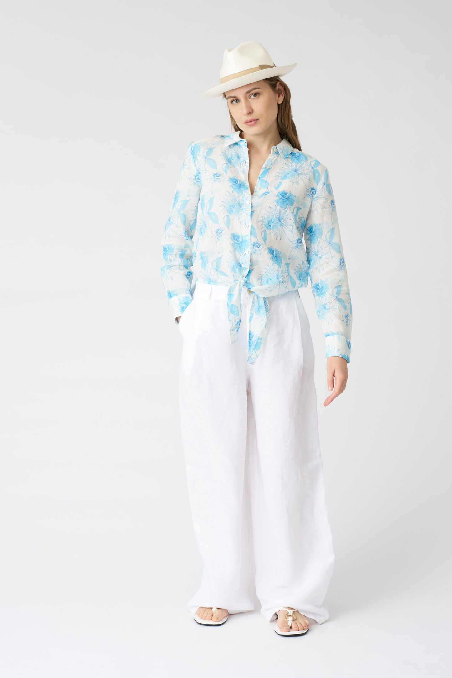 LIGHT BLUE FLOWER PRINT WHITE LINEN BLOUSE
