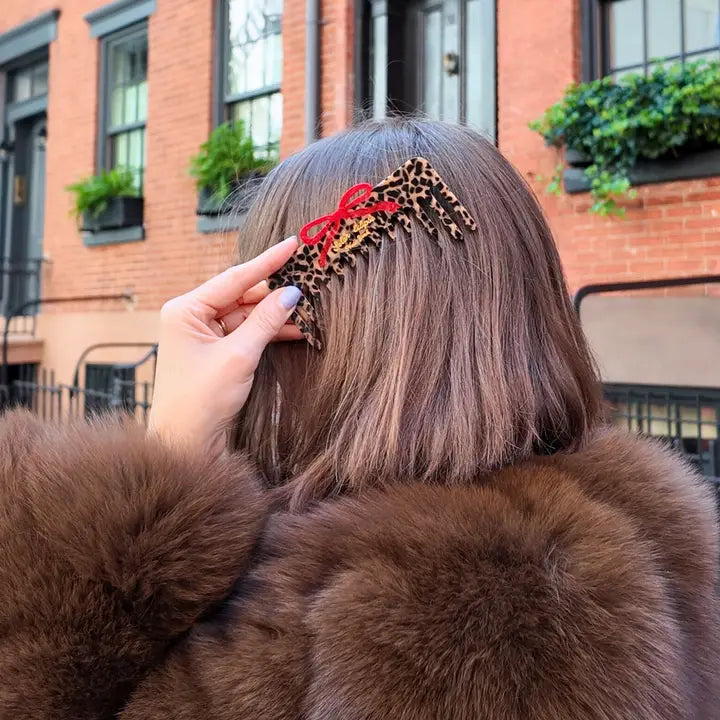 HAND PAINTED LEOPARD BOW WIDE TOOTH COMB