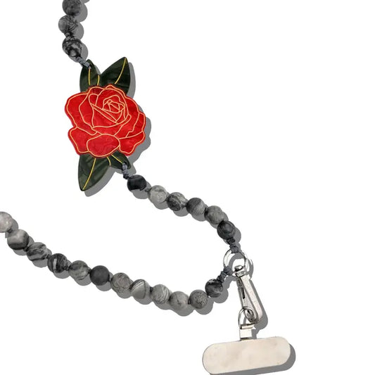 HAND PAINTED RED ROSE GEMSTONE BRACELET PHONE CHAIN