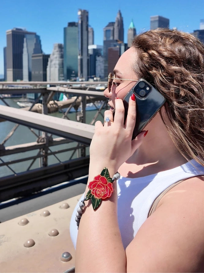 HAND PAINTED RED ROSE GEMSTONE BRACELET PHONE CHAIN