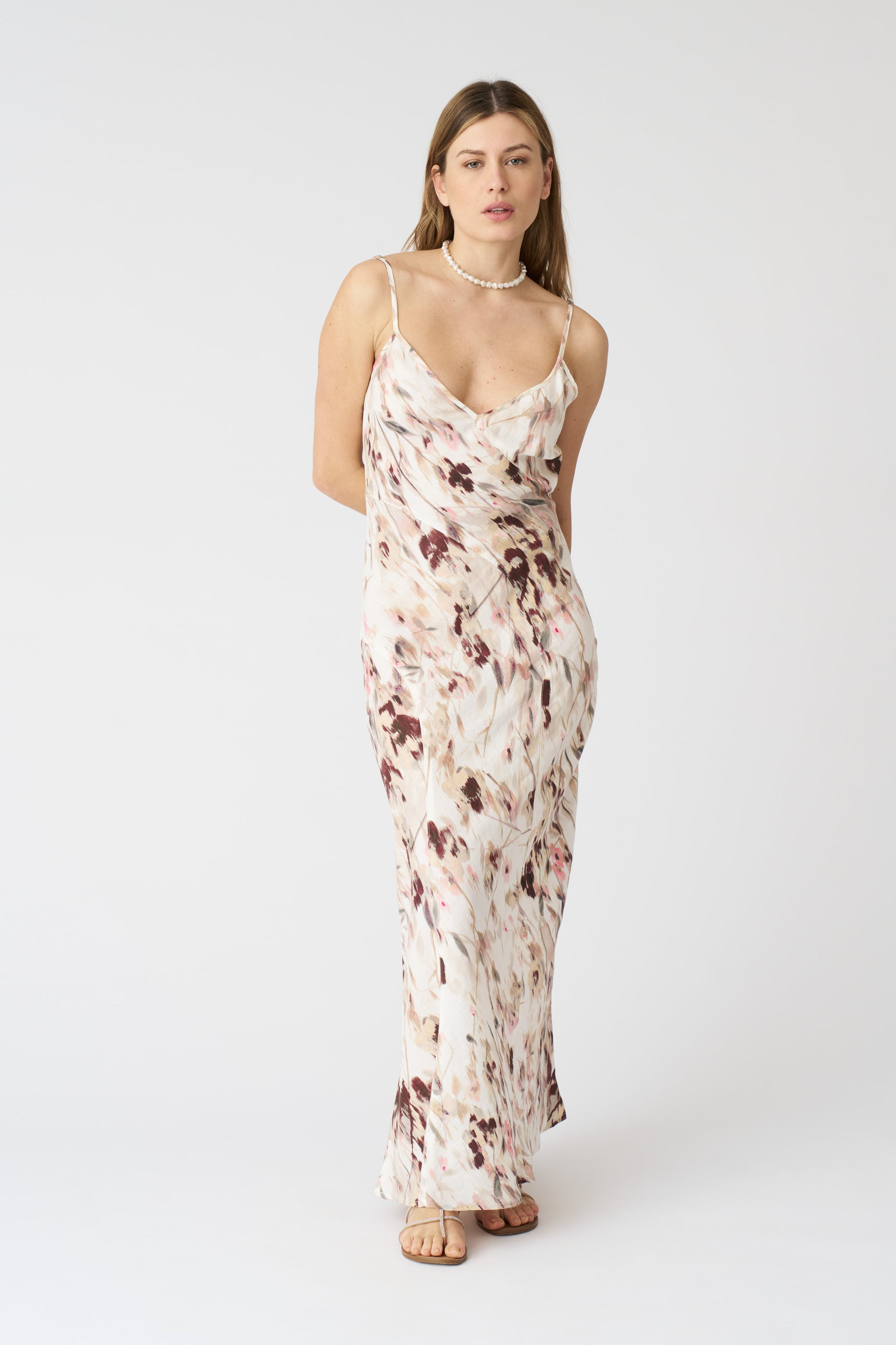 LIGHT BEIGE FLORAL PRINT LONG LINEN DRESS - WASHED PINK PRINT