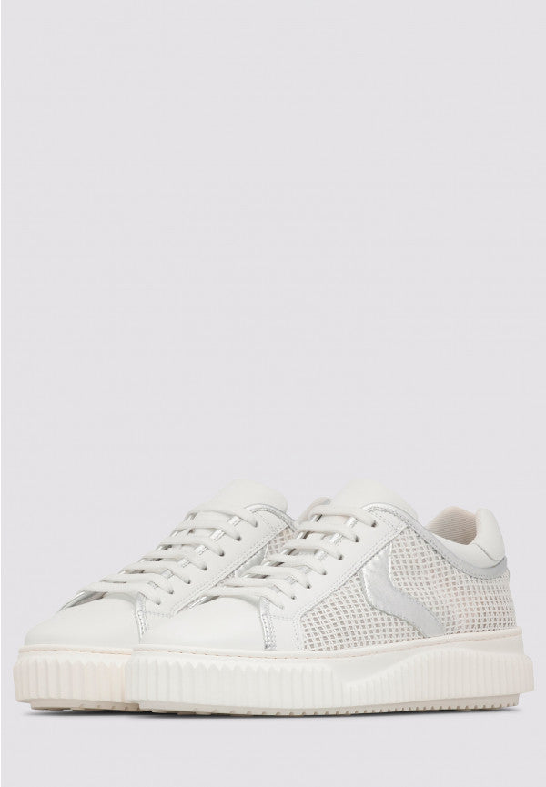 HERIKA MESH AND METALLIC LEATHER SNEAKER - WHITE/SILVER