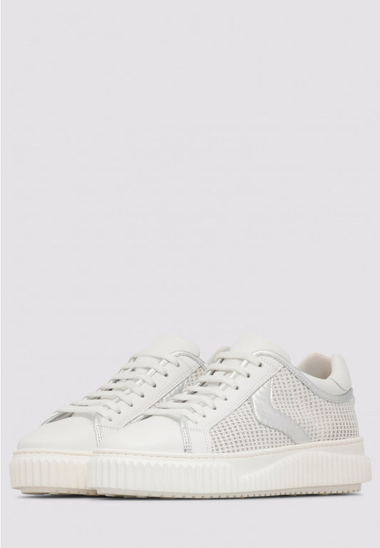 HERIKA MESH AND METALLIC LEATHER SNEAKER - WHITE/SILVER