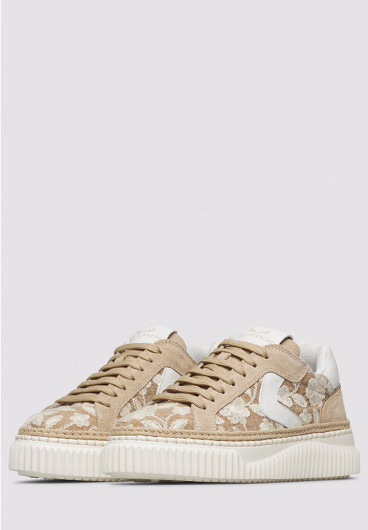 LIPARI EMBROIDERED CANVAS SUEDE SNEAKER - BEIGE
