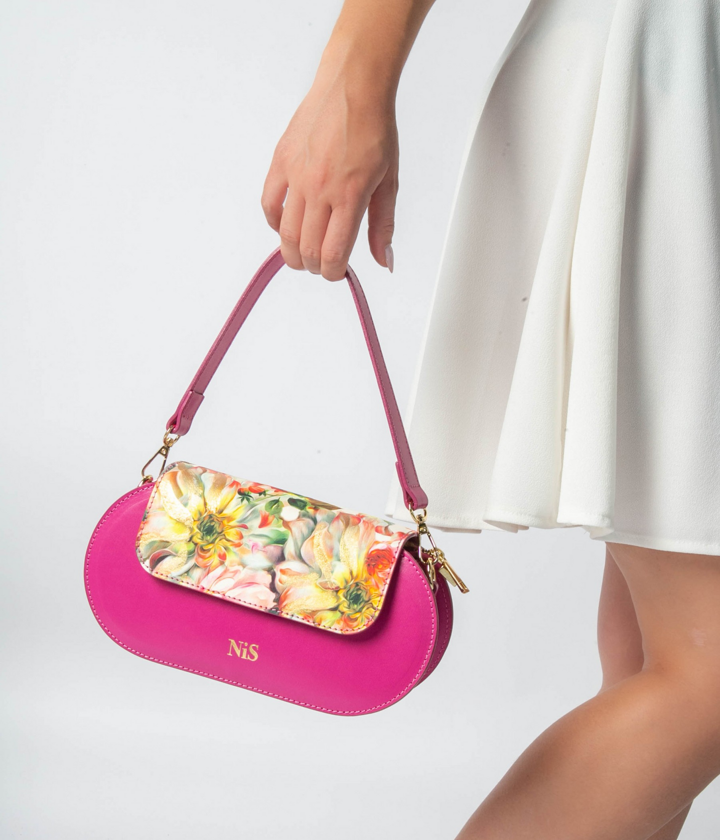 FLORA MEDIUM BAGUETTE LEATHER BAG - FUCHSIA/FLORAL