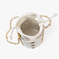 GREENWICH WHITE LEATHER AND BLUE GOOSE FEATHER BUCKET BAG
