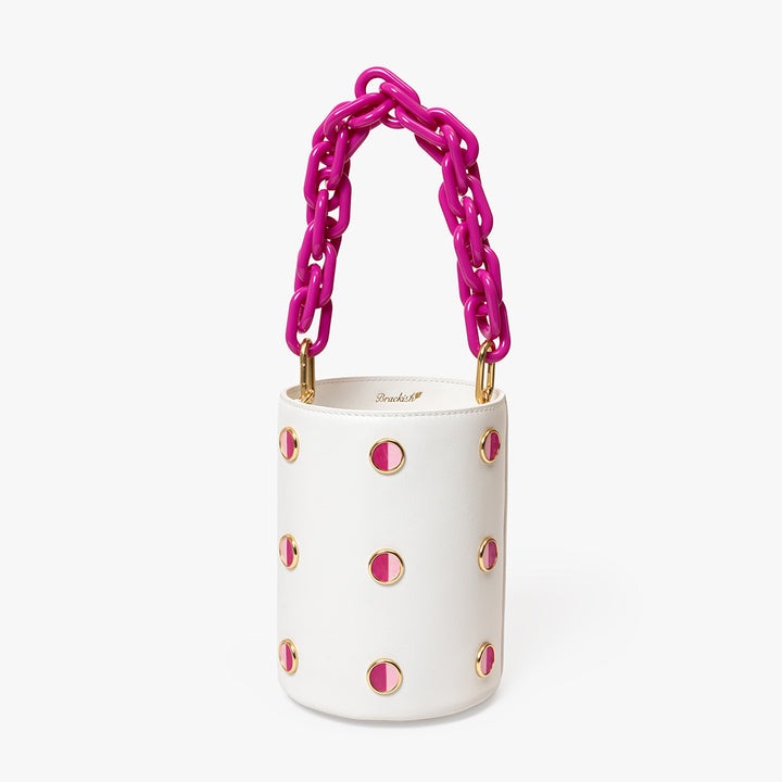 HALTER WHITE LEATHER AND PINK FEATHER BUCKET BAG