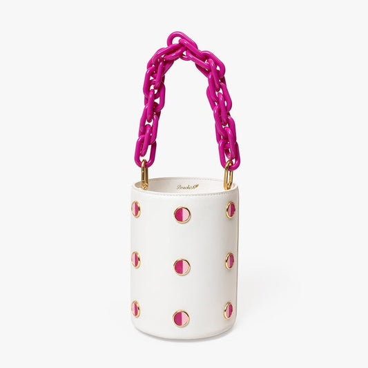 HALTER WHITE LEATHER AND PINK FEATHER BUCKET BAG
