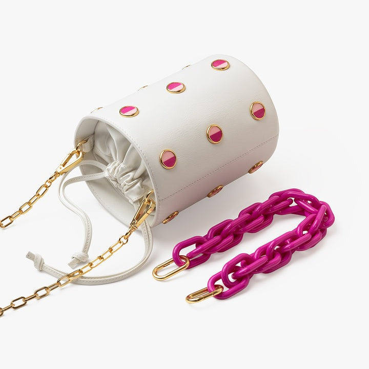 HALTER WHITE LEATHER AND PINK FEATHER BUCKET BAG