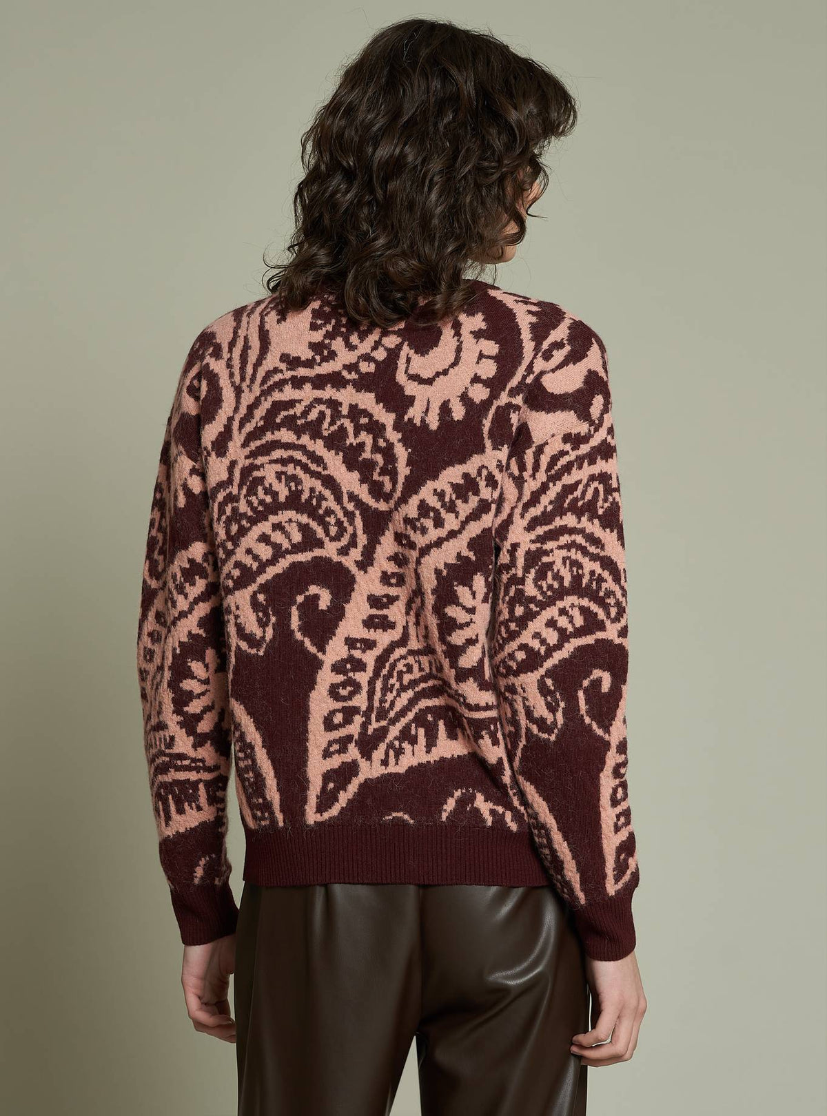 BURGUNDY AND BLUSH PAISLEY WOOL BLEND SWEATER