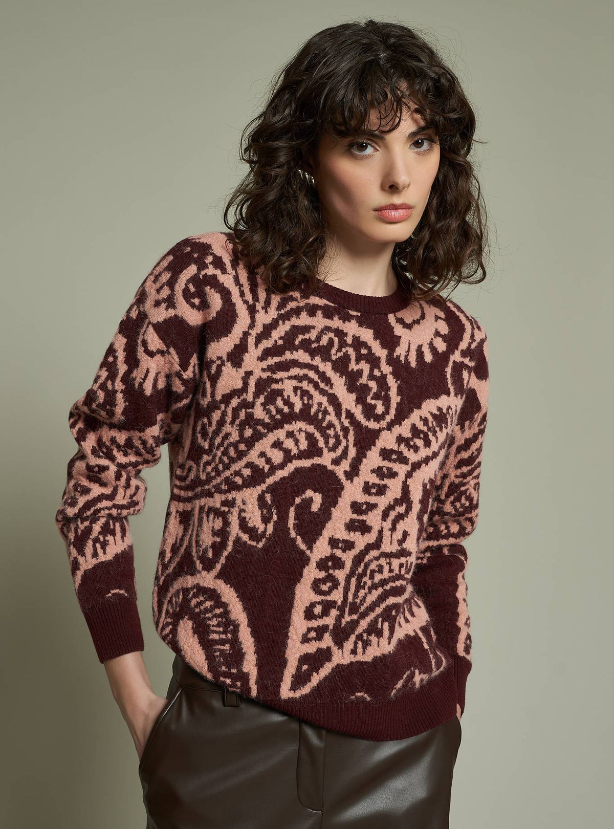 BURGUNDY AND BLUSH PAISLEY WOOL BLEND SWEATER