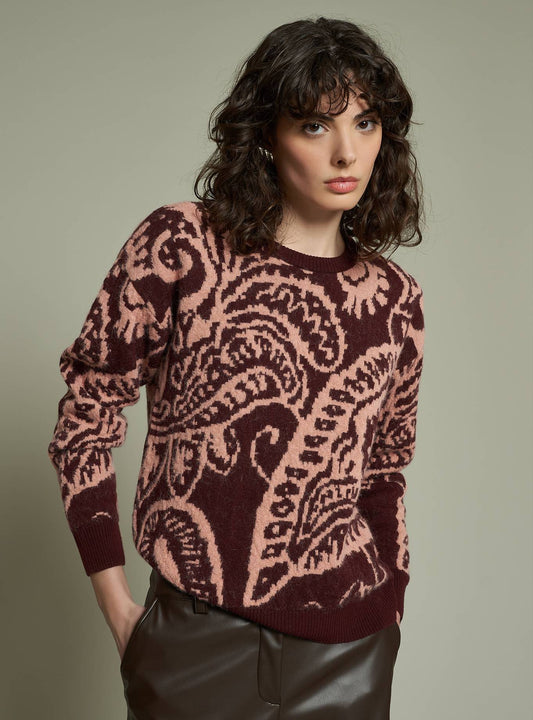 BURGUNDY AND BLUSH PAISLEY WOOL BLEND SWEATER