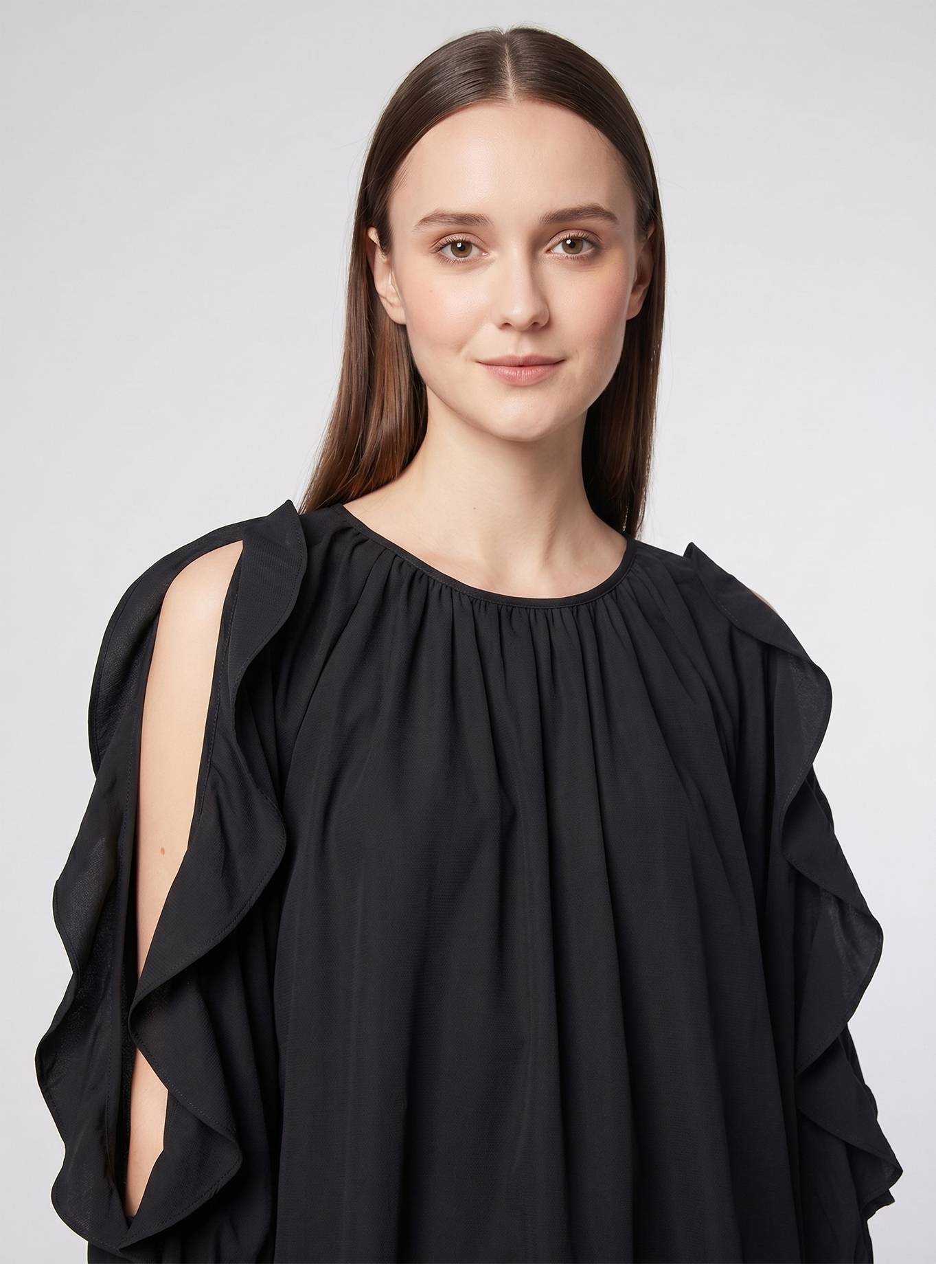BLACK COTTON BLOUSE WITH RUFFLE SLEEVE
