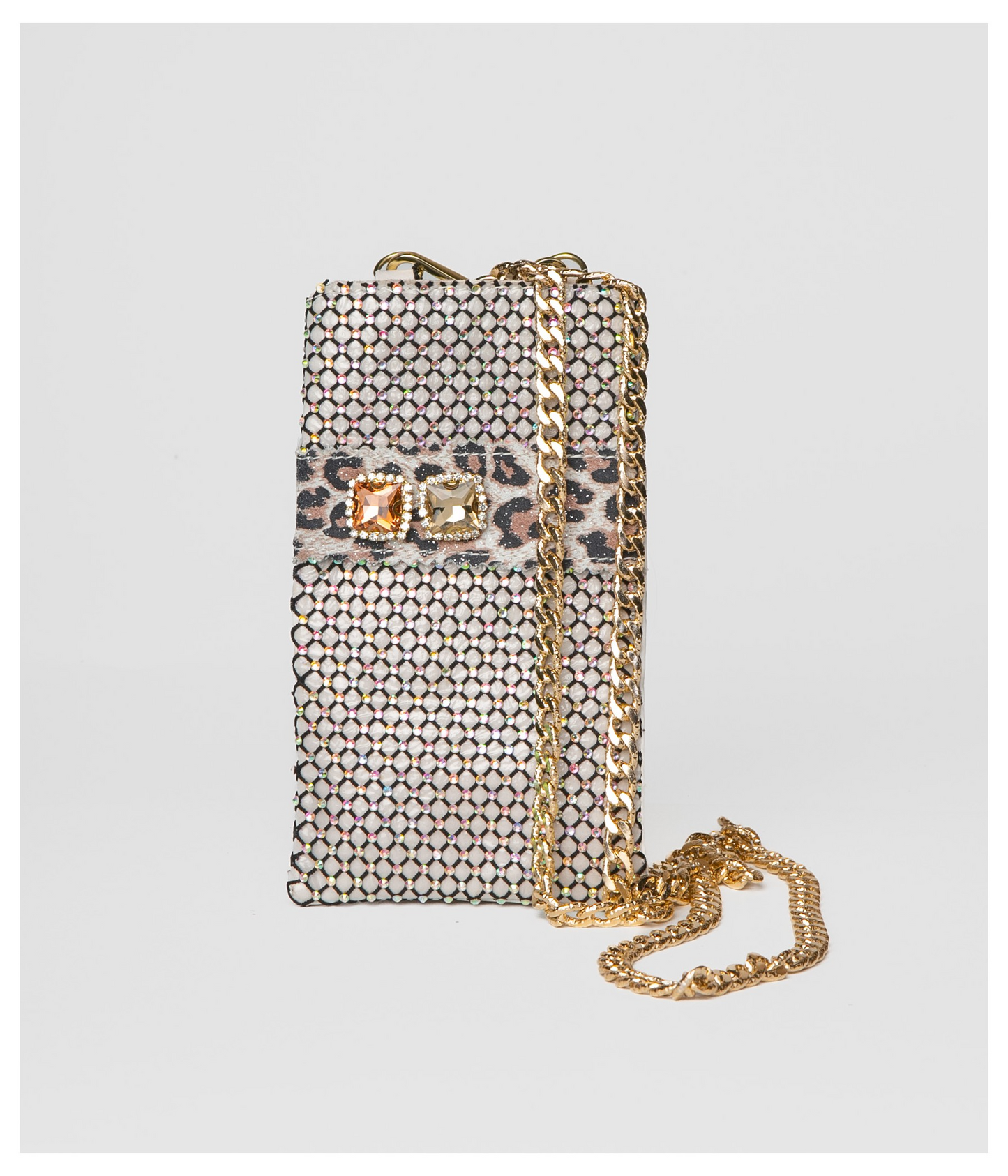JENNY CRYSTAL MESH SMARTPHONE POUCH WITH RHINESTONES - BEIGE/BLACK