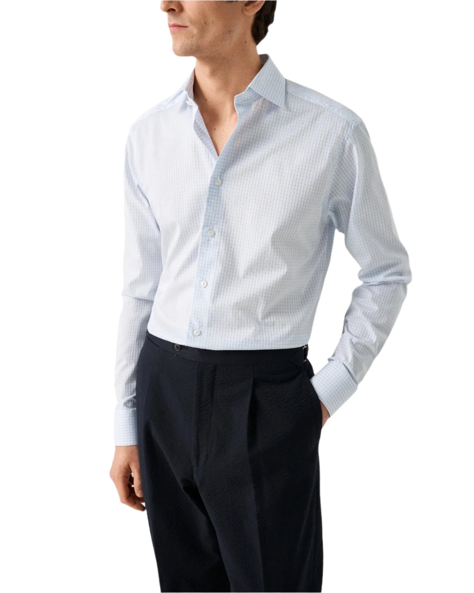 LIGHT BLUE CHECK ON WHITE ELEVATED PIQUE SHIRT