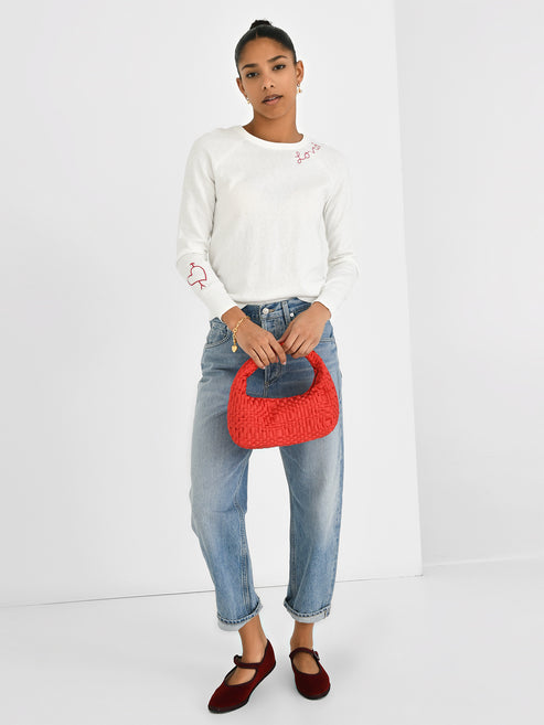 LOVED TITCHED COTTON CREW NECK SWEATER - WHITE