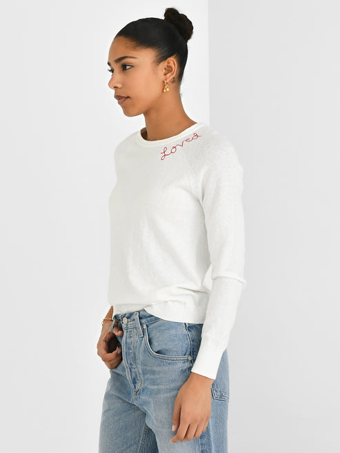 LOVED TITCHED COTTON CREW NECK SWEATER - WHITE