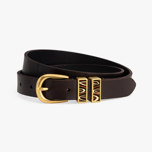 OVER THE MOON MADDIE LEATHER BELT WITH FEATHER DETAIL - CHOCOLATE PHEASANT