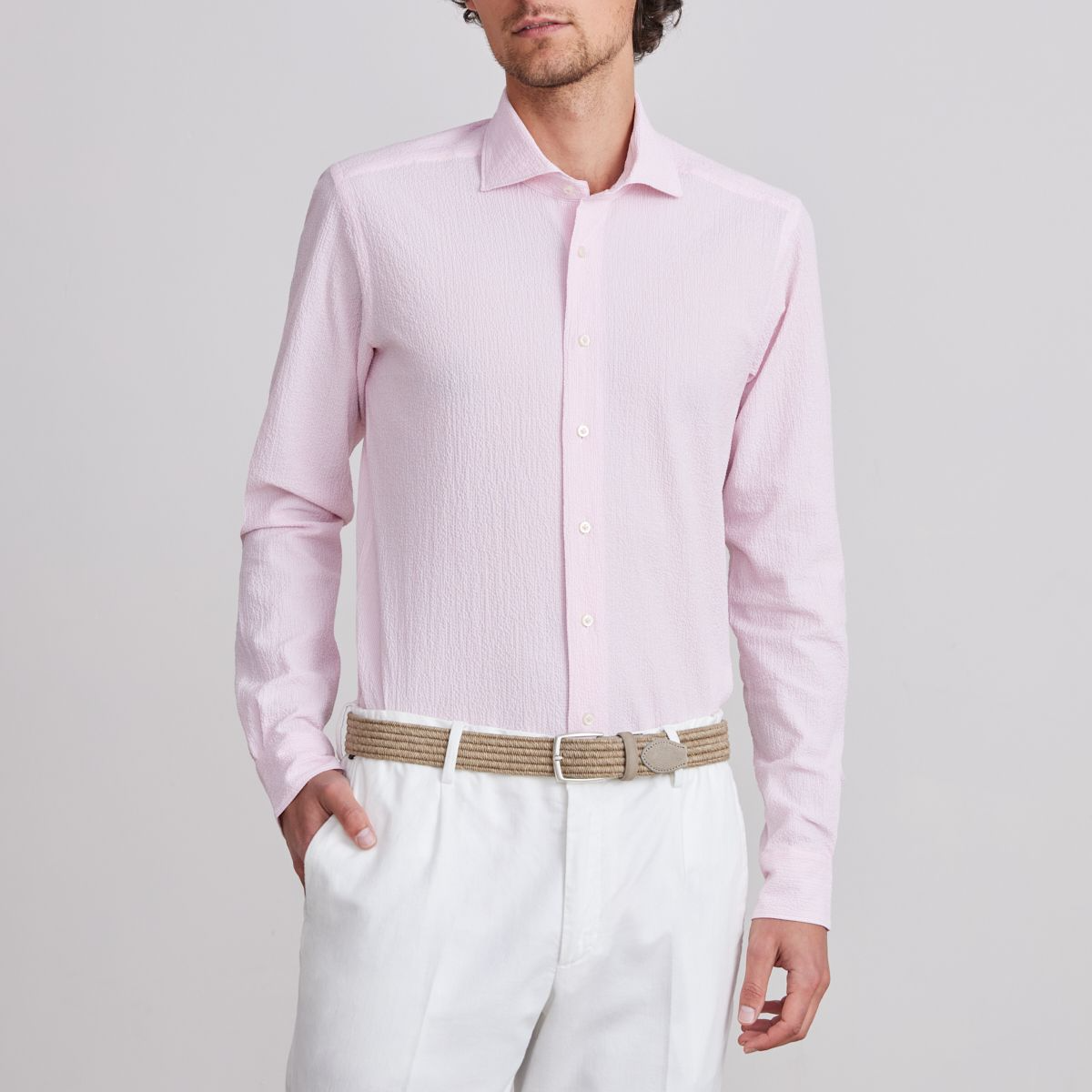 BYRON TEXTURED CRINKLE PIN STRIPE SHIRT - LIGHT PASTEL PINK