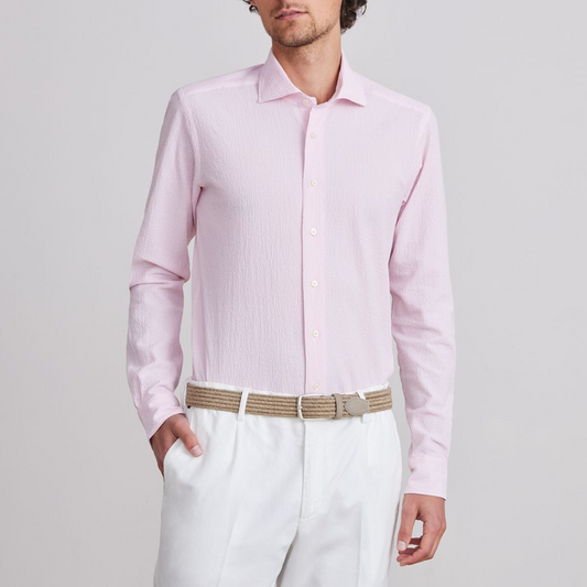 BYRON TEXTURED CRINKLE PIN STRIPE SHIRT - LIGHT PASTEL PINK