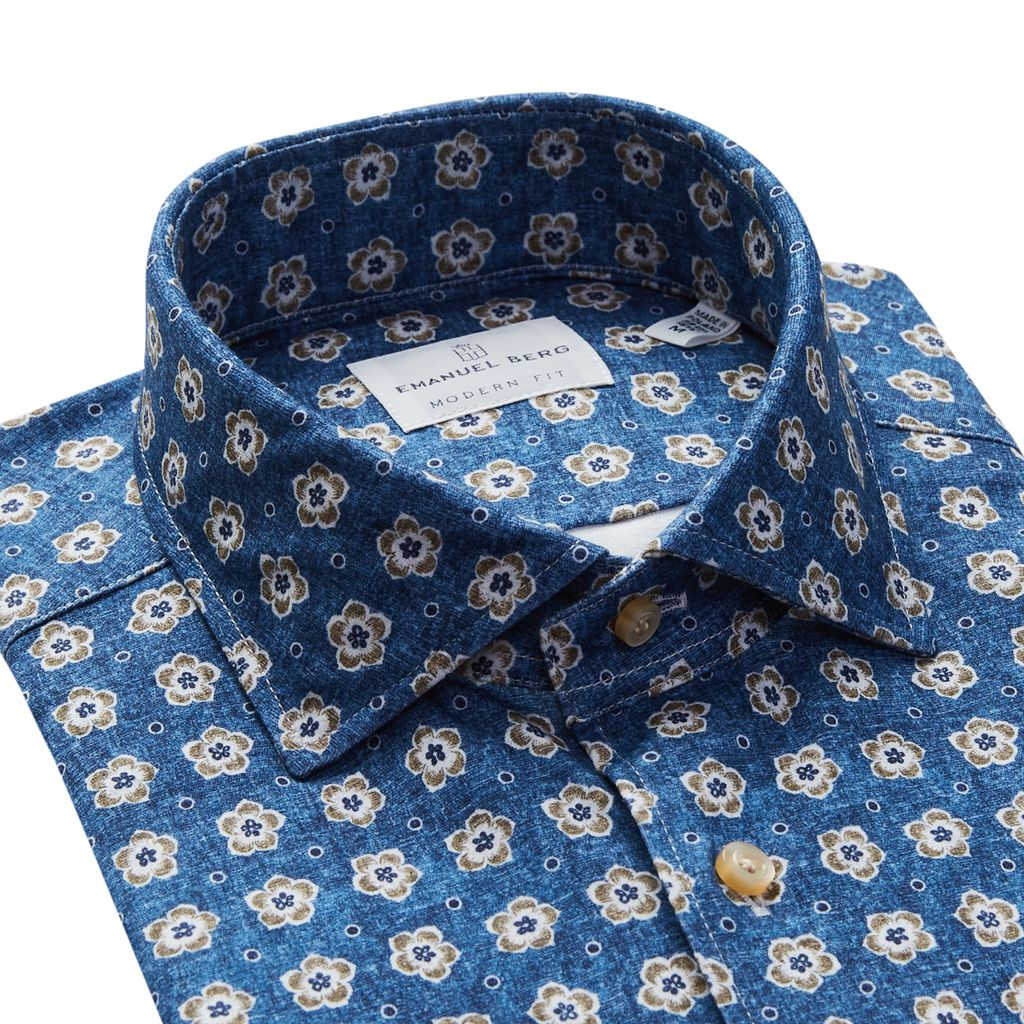 BYRON FLOWER PRINT FLEX KNIT SHIRT - BRIGHT BLUE AND BEIGE
