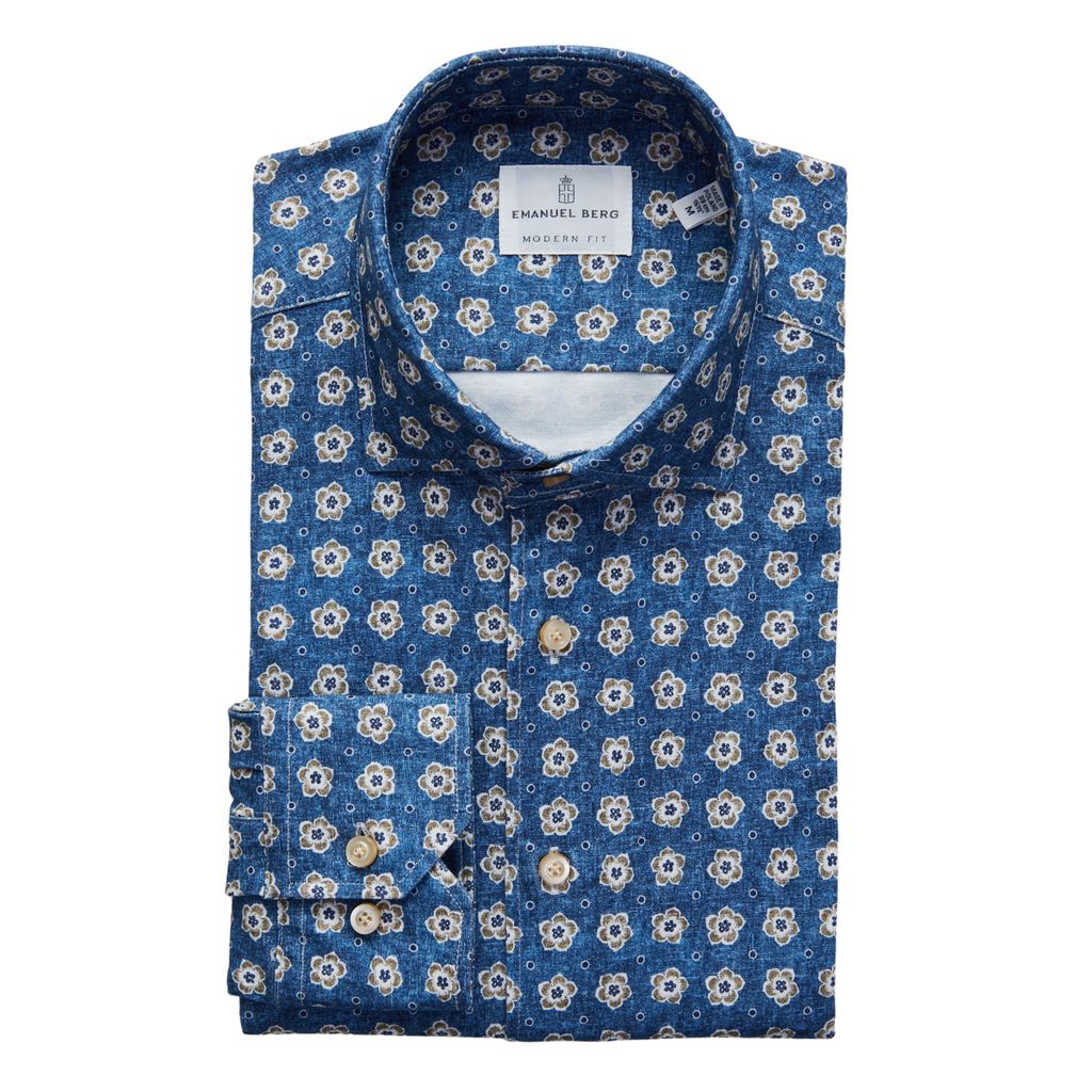 BYRON FLOWER PRINT FLEX KNIT SHIRT - BRIGHT BLUE AND BEIGE