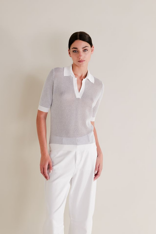 WHITE KNIT POLO WITH LUREX