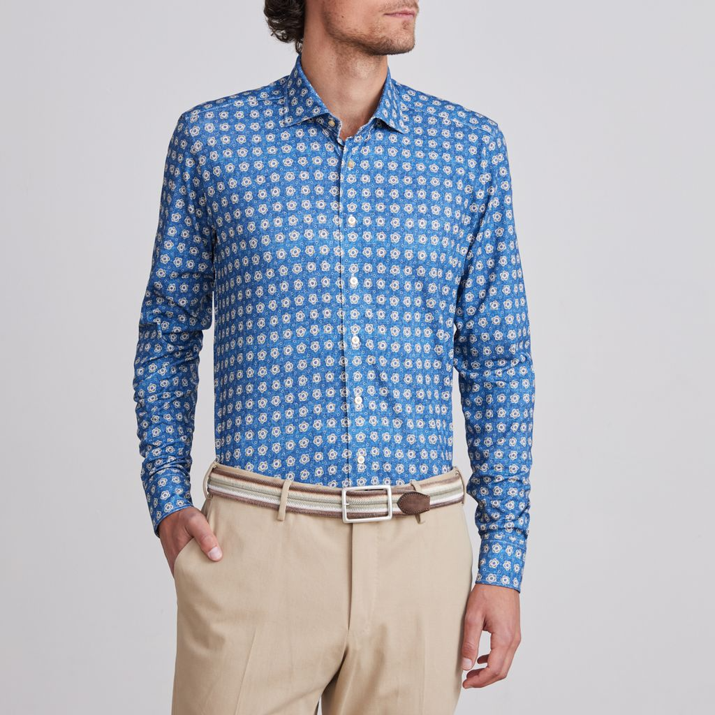 BYRON FLOWER PRINT FLEX KNIT SHIRT - BRIGHT BLUE AND BEIGE