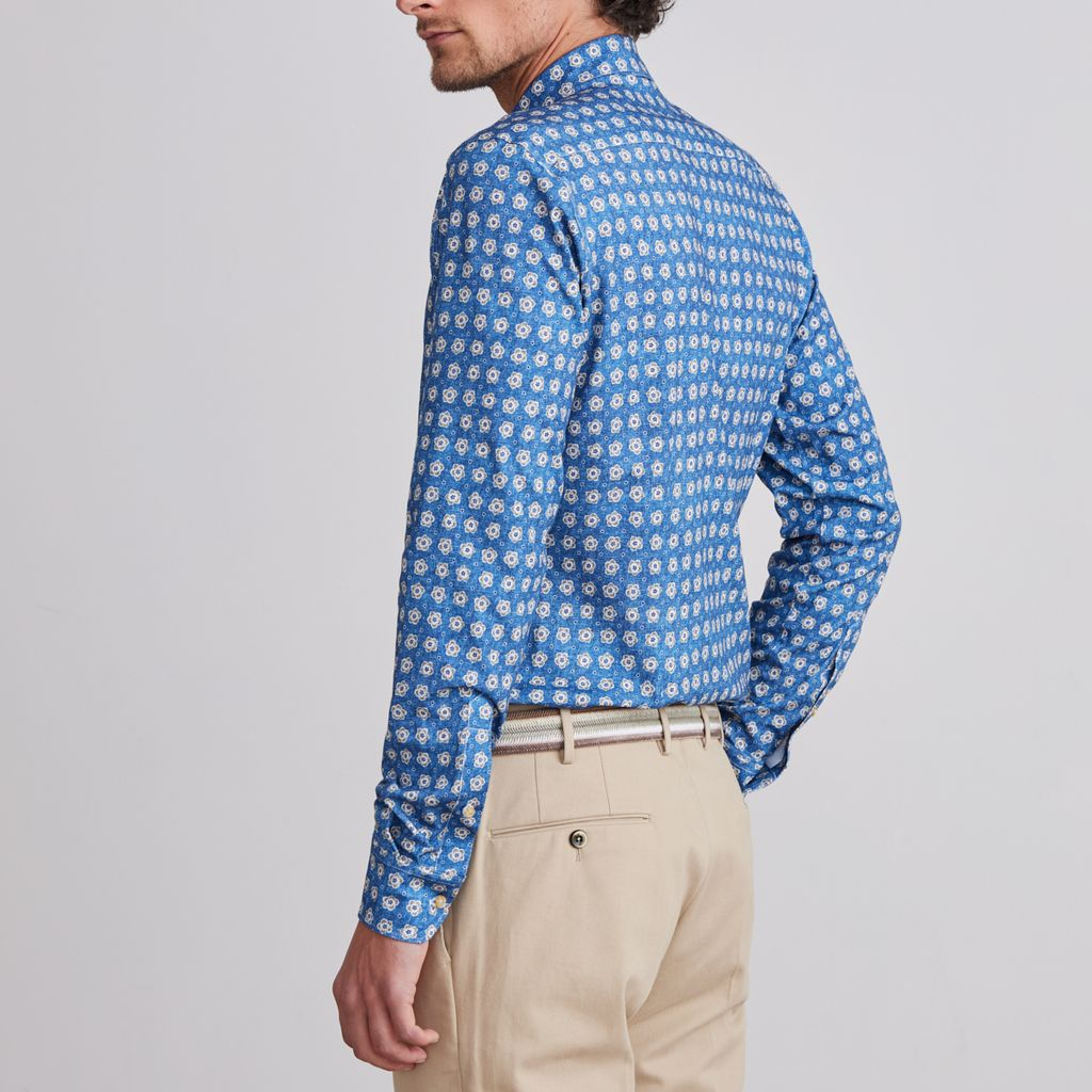 BYRON FLOWER PRINT FLEX KNIT SHIRT - BRIGHT BLUE AND BEIGE