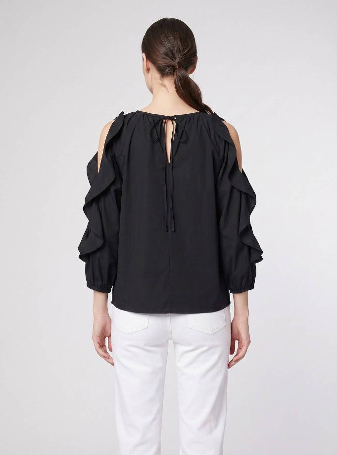 BLACK COTTON BLOUSE WITH RUFFLE SLEEVE