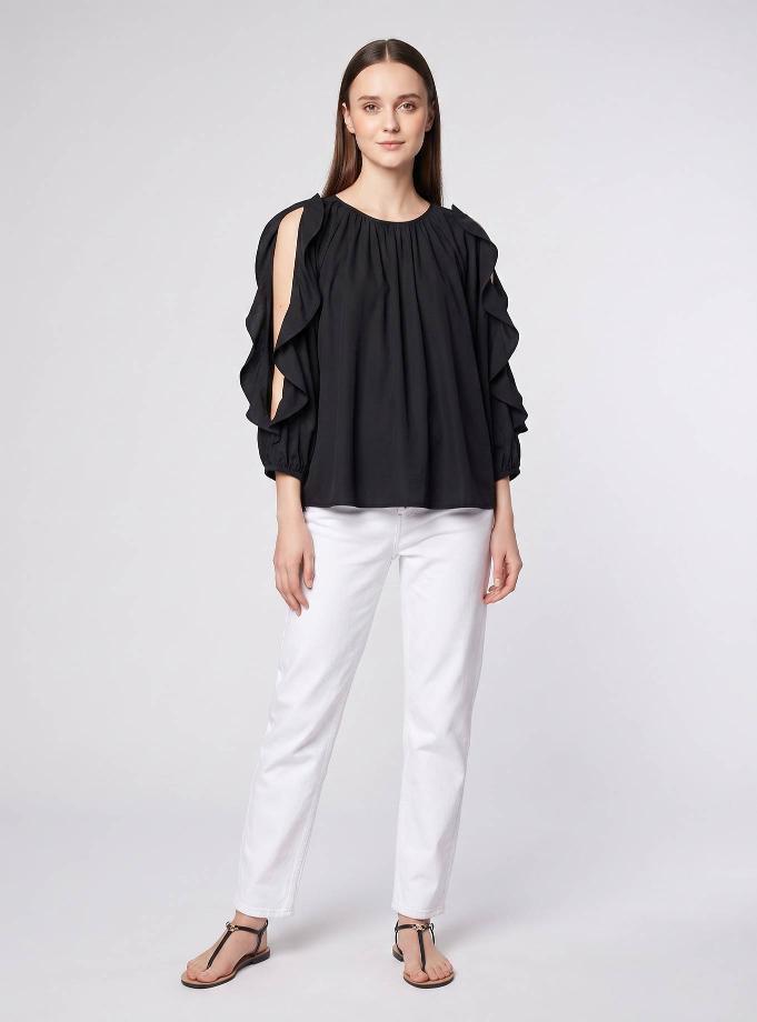 BLACK COTTON BLOUSE WITH RUFFLE SLEEVE