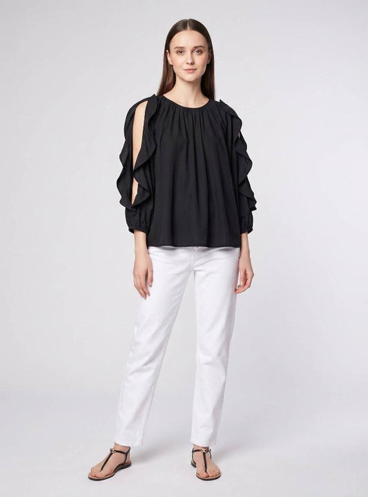 BLACK COTTON BLOUSE WITH RUFFLE SLEEVE
