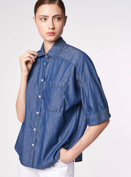 MEDIUM WASH CHAMBRAY BUTTON DOWN BLOUSE
