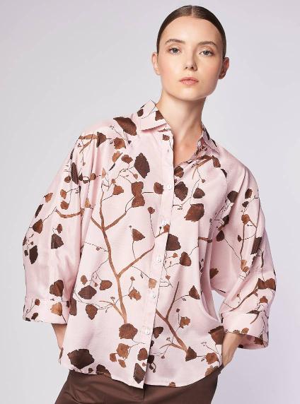 PINK AND BROWN FLORAL PRINT BUTTON DOWN BLOUSE