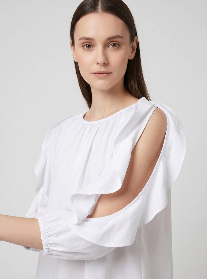WHITE COTTON BLOUSE WITH RUFFLE SLEEVE