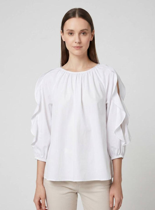 WHITE COTTON BLOUSE WITH RUFFLE SLEEVE