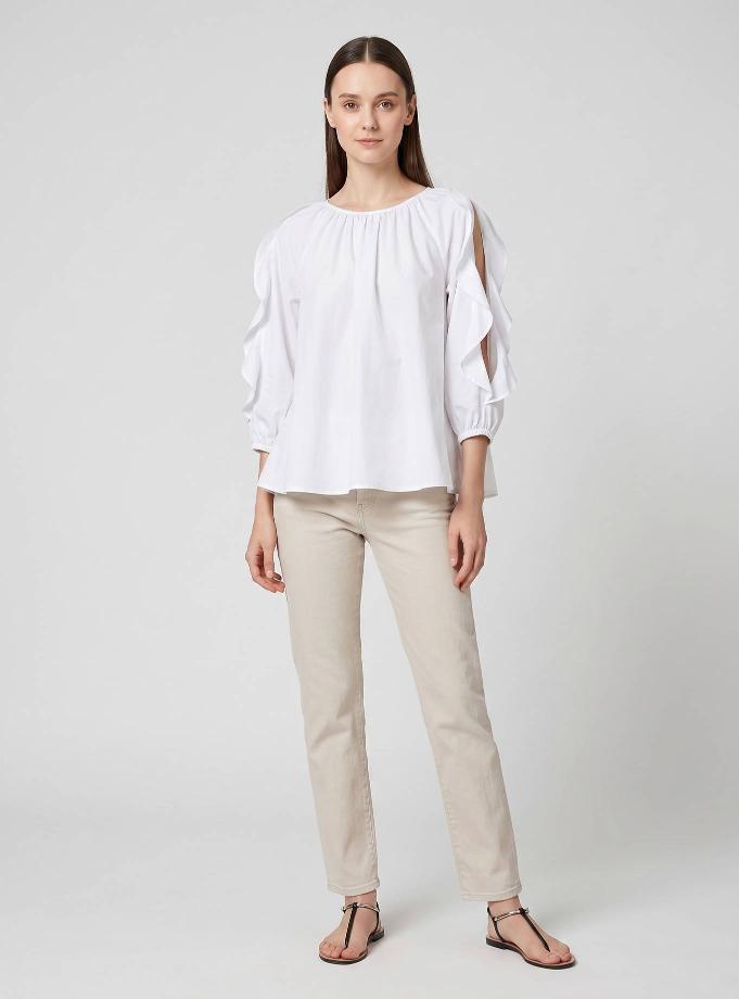 WHITE COTTON BLOUSE WITH RUFFLE SLEEVE
