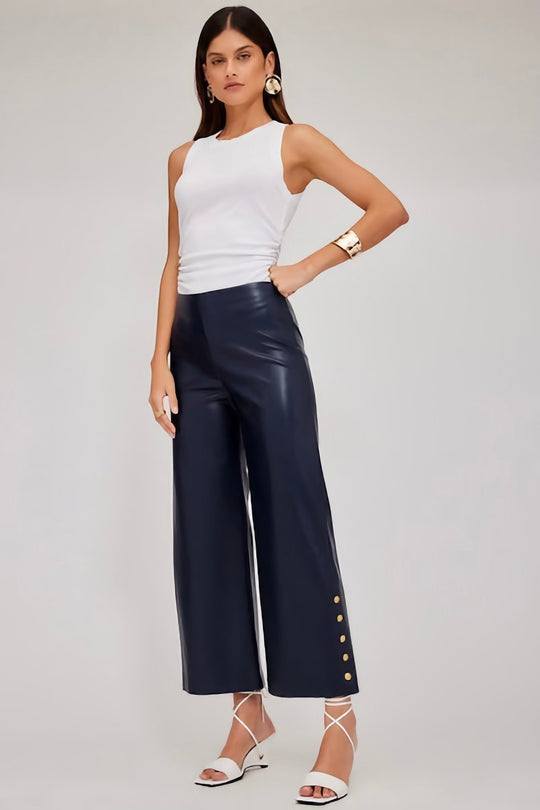 SOFT FAUX LEATHER BUTTON HEM PANT - NAVY