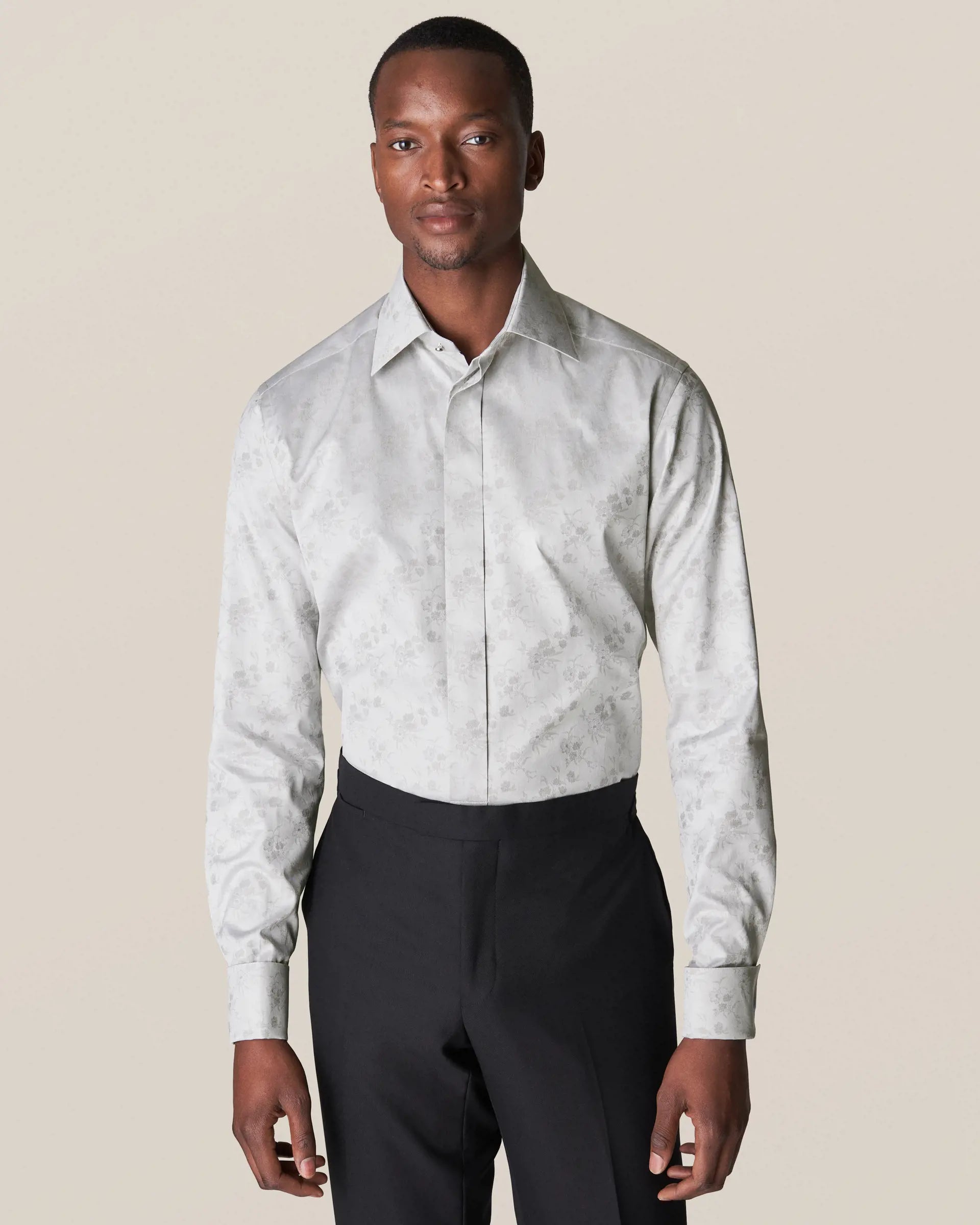 SILVER GREY FLORAL JACQUARD TUXEDO SHIRT